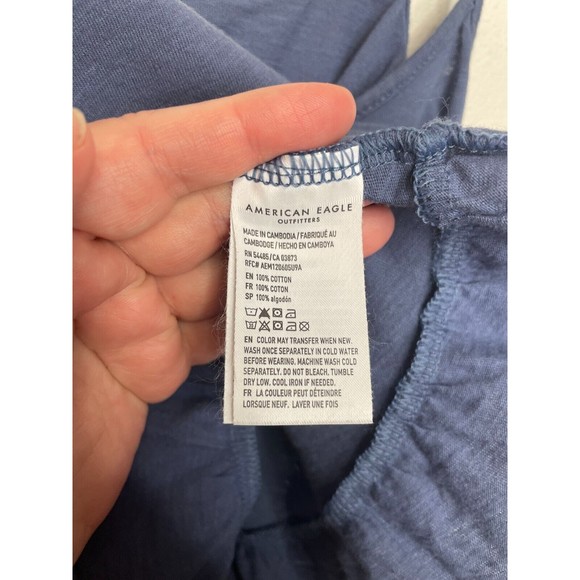 American Eagle Medium Slub Cropped Relaxed Cami Top Blue Ruffle Peplum Strappy - Picture 11 of 13